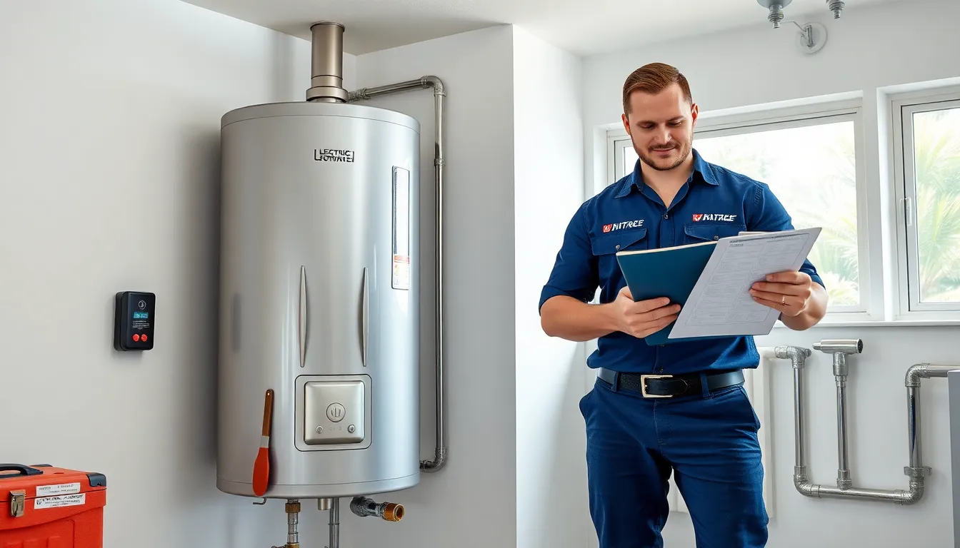 plumber standing by an electric hot water tank in a modern brisbane utility room