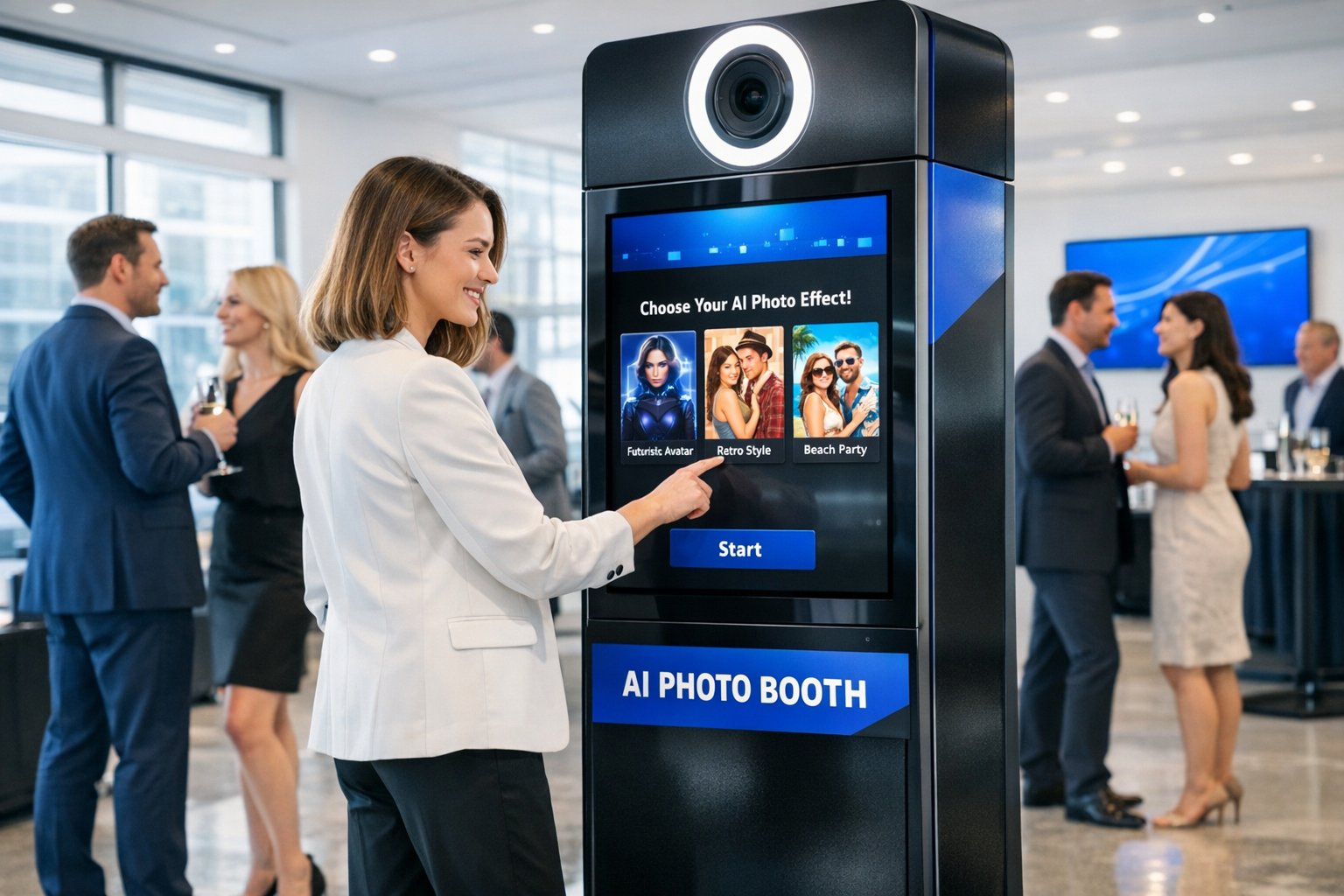 guests using a modern ai photo booth in a sleek event space with brand colors